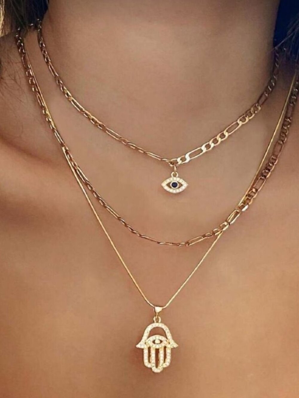 Gold TripleLayerHamsa Necklace N1333